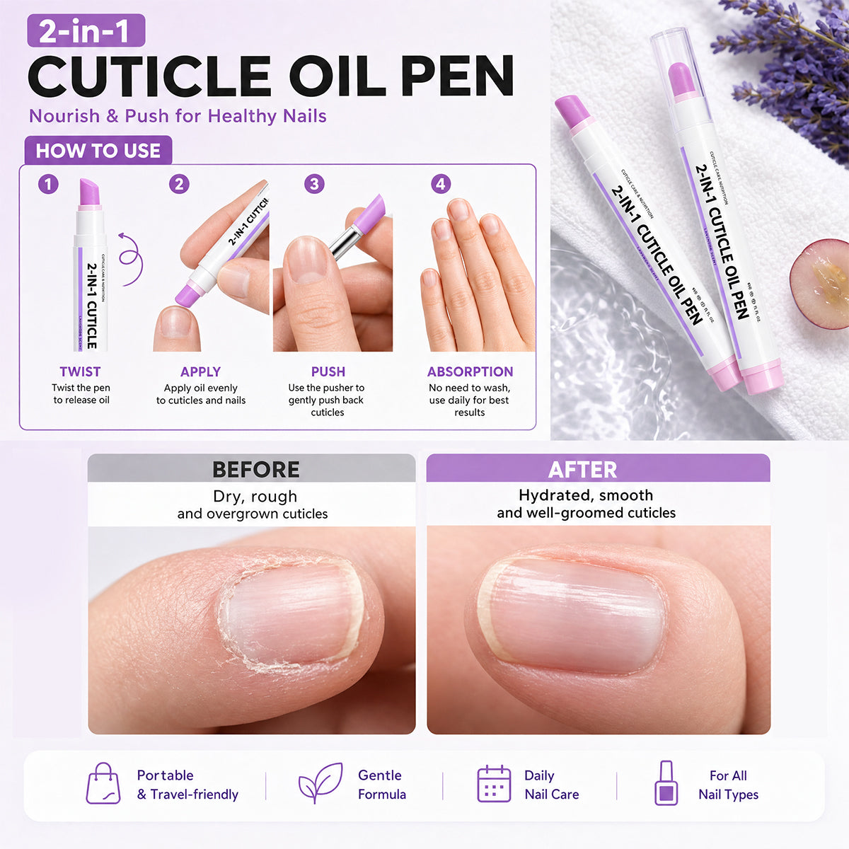 Cutivelle™ 2-in-1 Nagelhautpflege-Stift – Keramik-Pusher & Pflegeöl für glattere, gepflegte Nagelränder