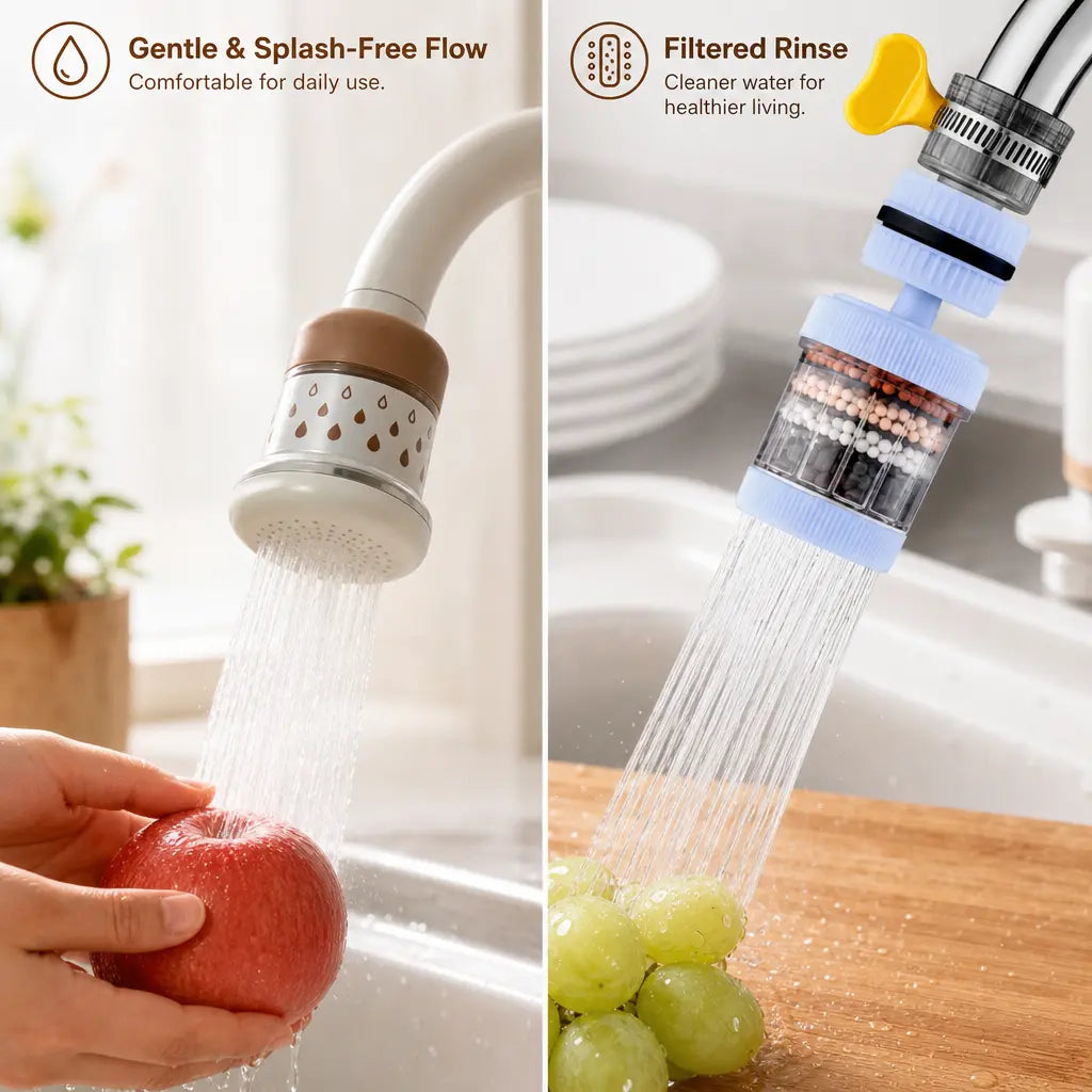 PureFlowra™ 6-Lagen Wasserhahnfilter – Leitungswasser filtern, Spritzwasser reduzieren & 360° flexibel spülen