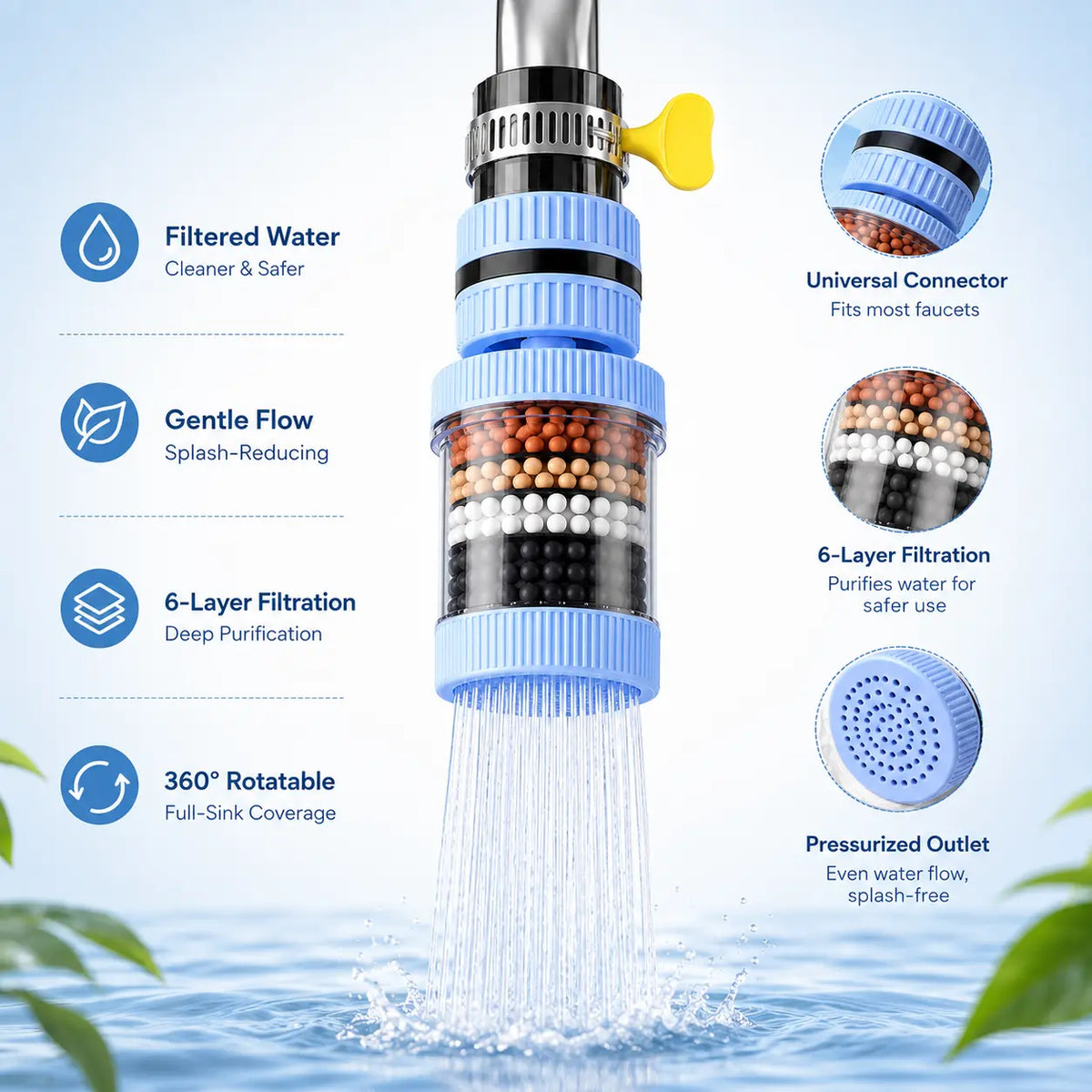 PureFlowra™ 6-Lagen Wasserhahnfilter – Leitungswasser filtern, Spritzwasser reduzieren & 360° flexibel spülen