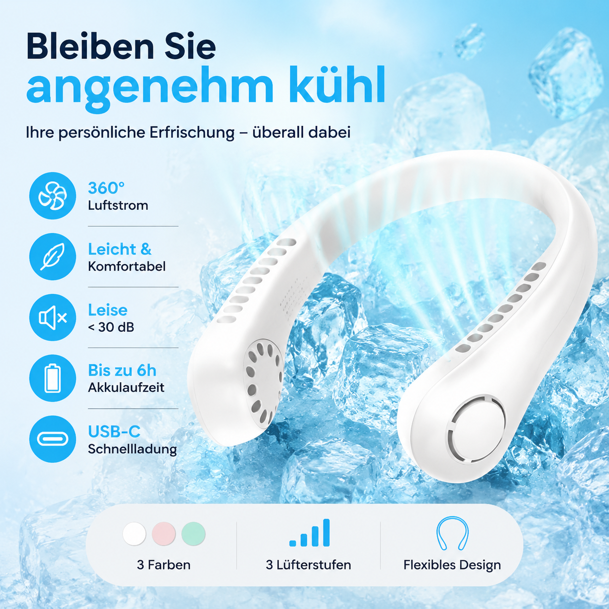 Nackenluft | Tragbarer Nackenventilator für sofortige Abkühlung.