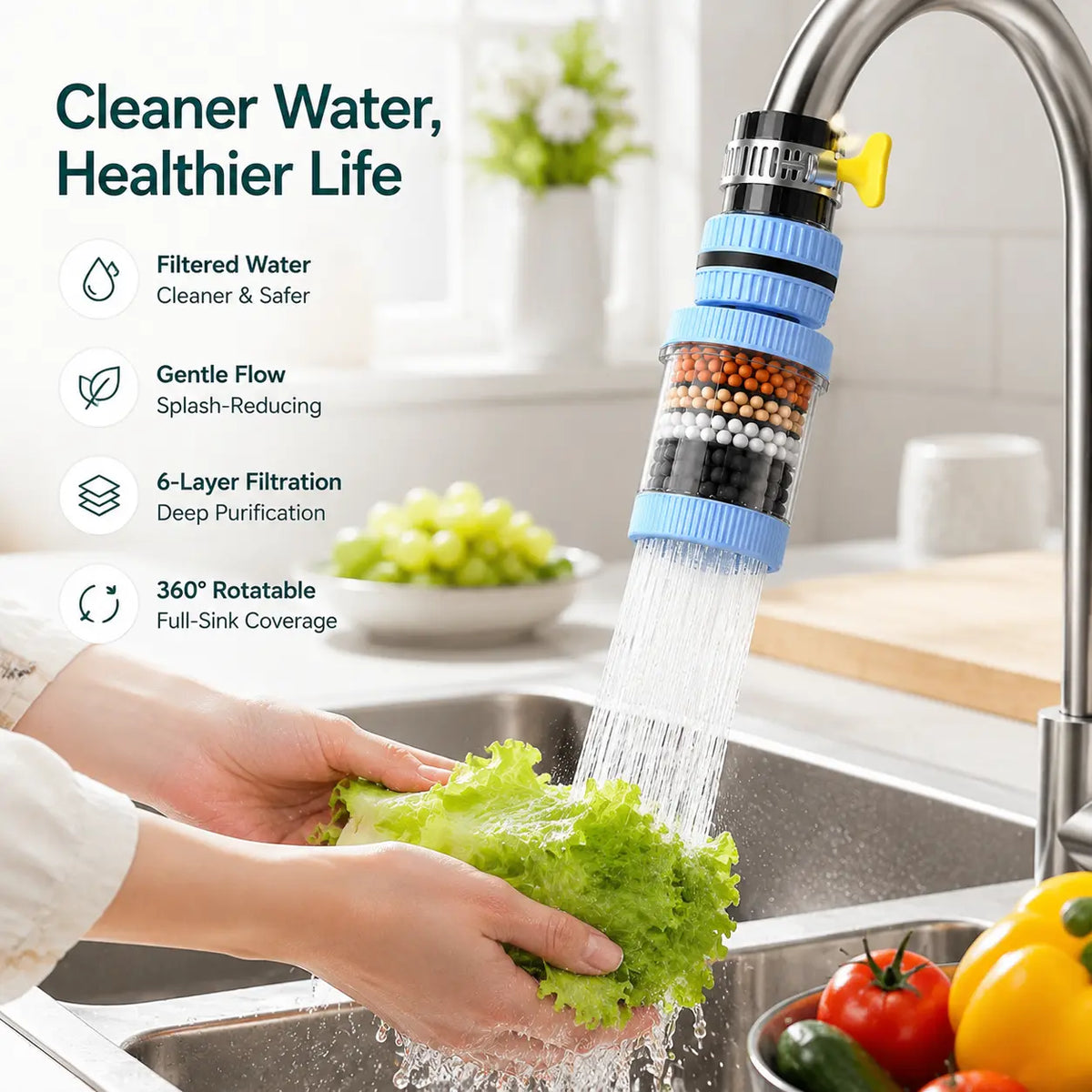 PureFlowra™ 6-Lagen Wasserhahnfilter – Leitungswasser filtern, Spritzwasser reduzieren & 360° flexibel spülen
