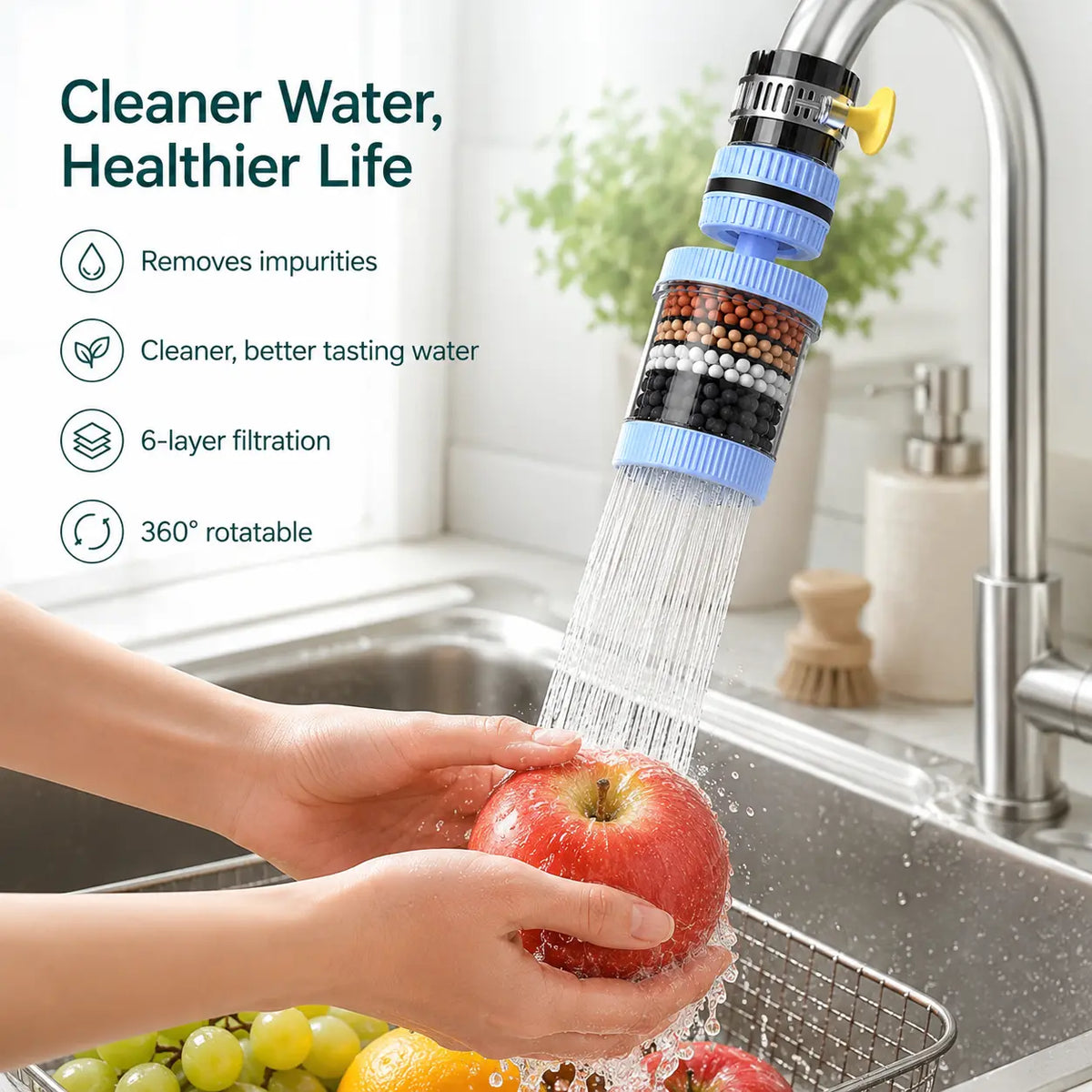 PureFlowra™ 6-Lagen Wasserhahnfilter – Leitungswasser filtern, Spritzwasser reduzieren & 360° flexibel spülen