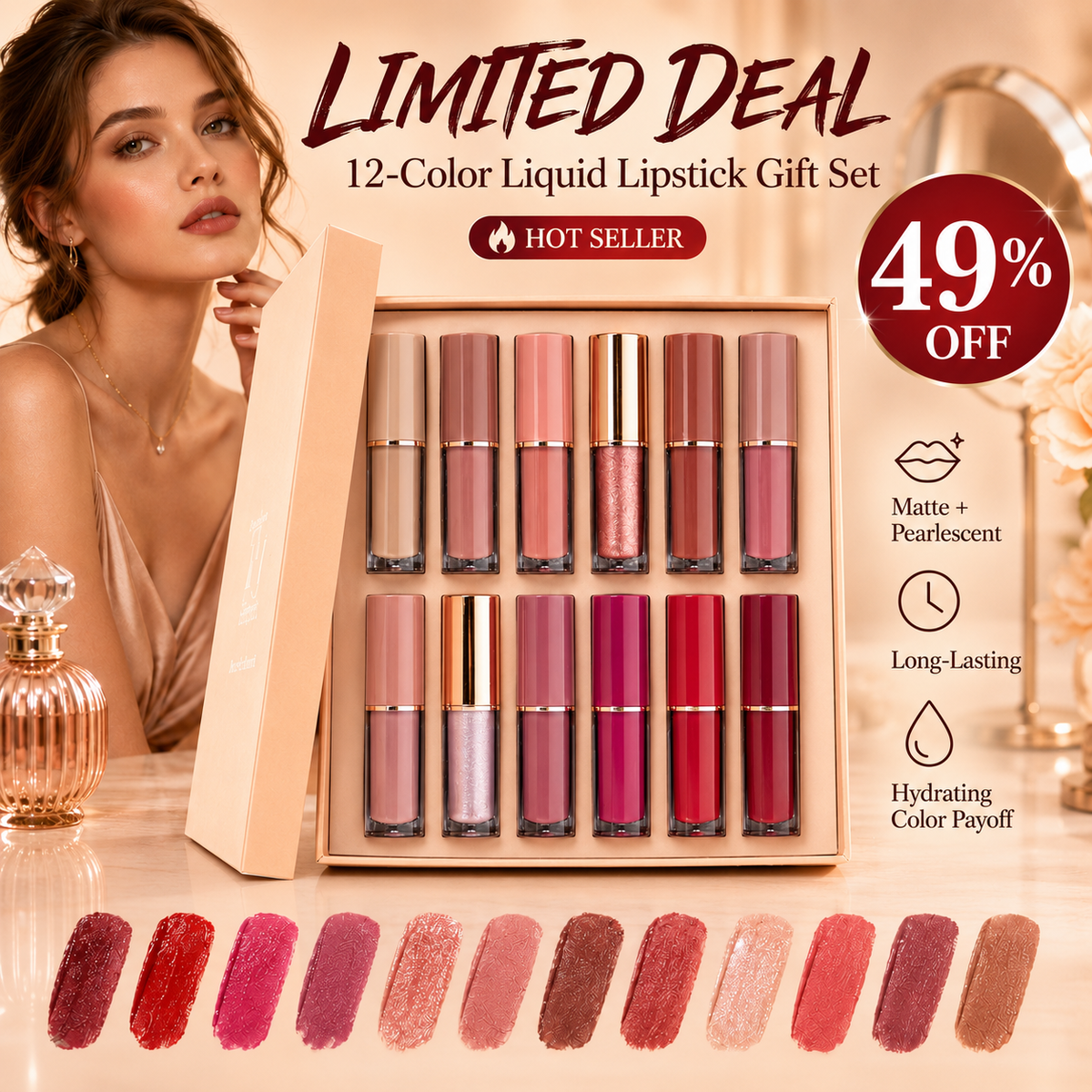 LipVella™ 12-Farben Flüssig-Lippenstift-Set – Hochpigmentierte Farben, langanhaltender Halt & samtiges Finish