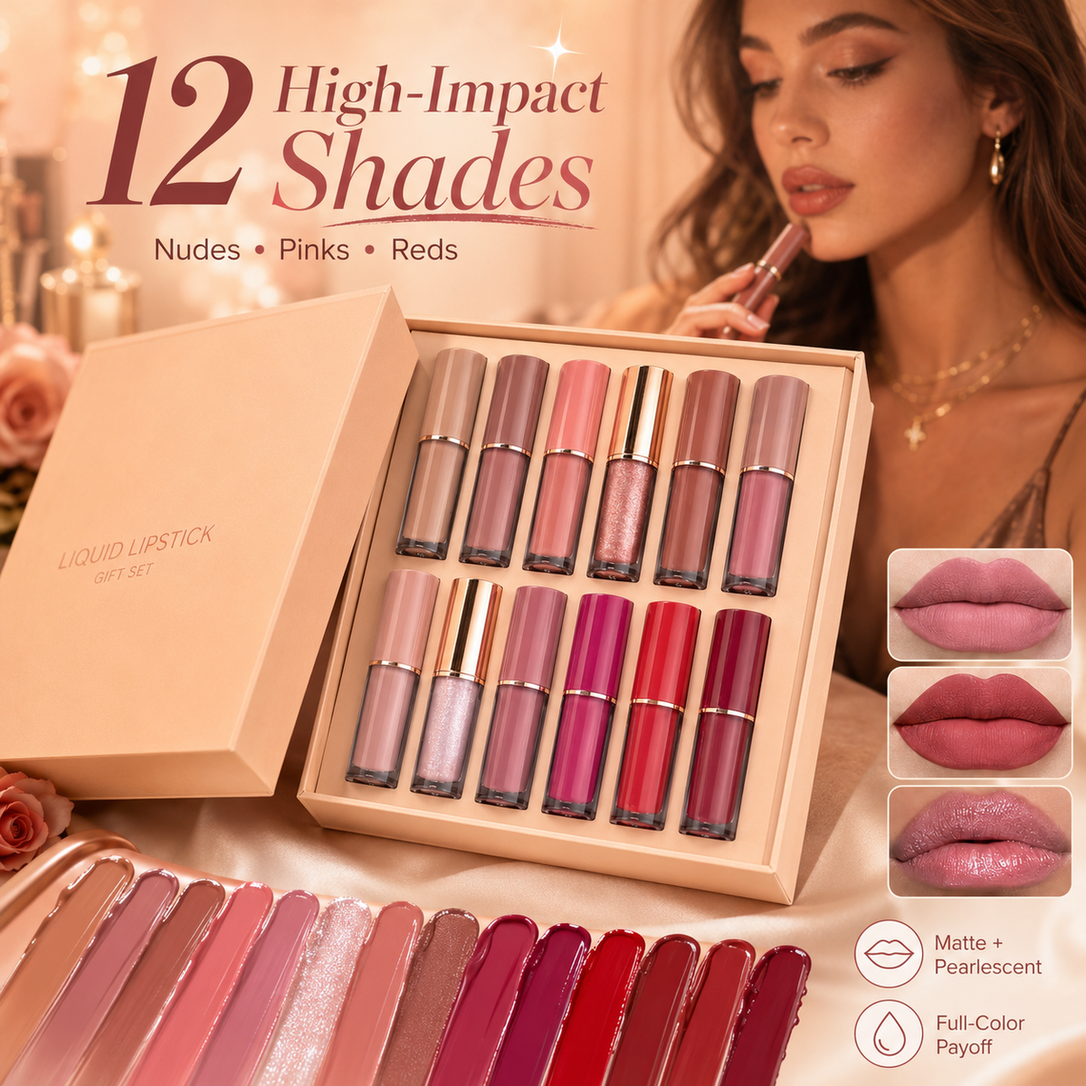 LipVella™ 12-Farben Flüssig-Lippenstift-Set – Hochpigmentierte Farben, langanhaltender Halt & samtiges Finish