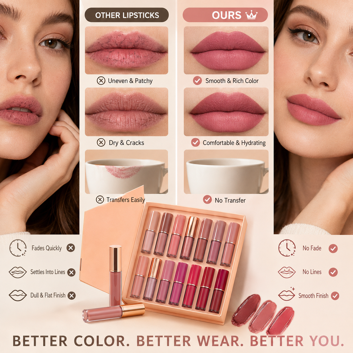 LipVella™ 12-Farben Flüssig-Lippenstift-Set – Hochpigmentierte Farben, langanhaltender Halt & samtiges Finish