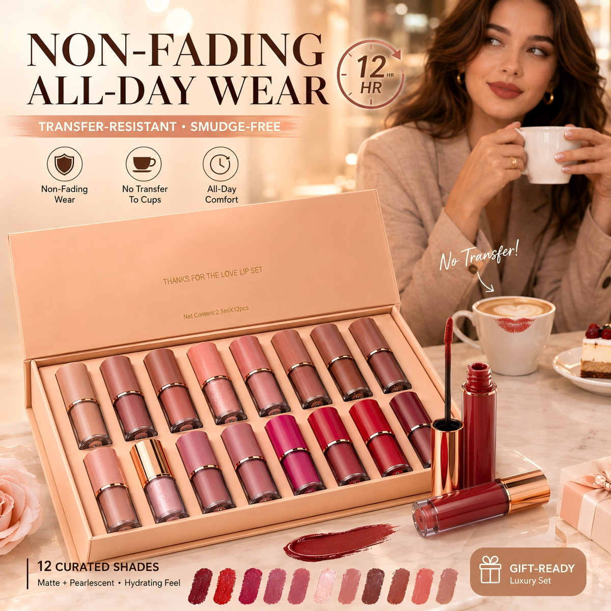 LipVella™ 12-Farben Flüssig-Lippenstift-Set – Hochpigmentierte Farben, langanhaltender Halt & samtiges Finish