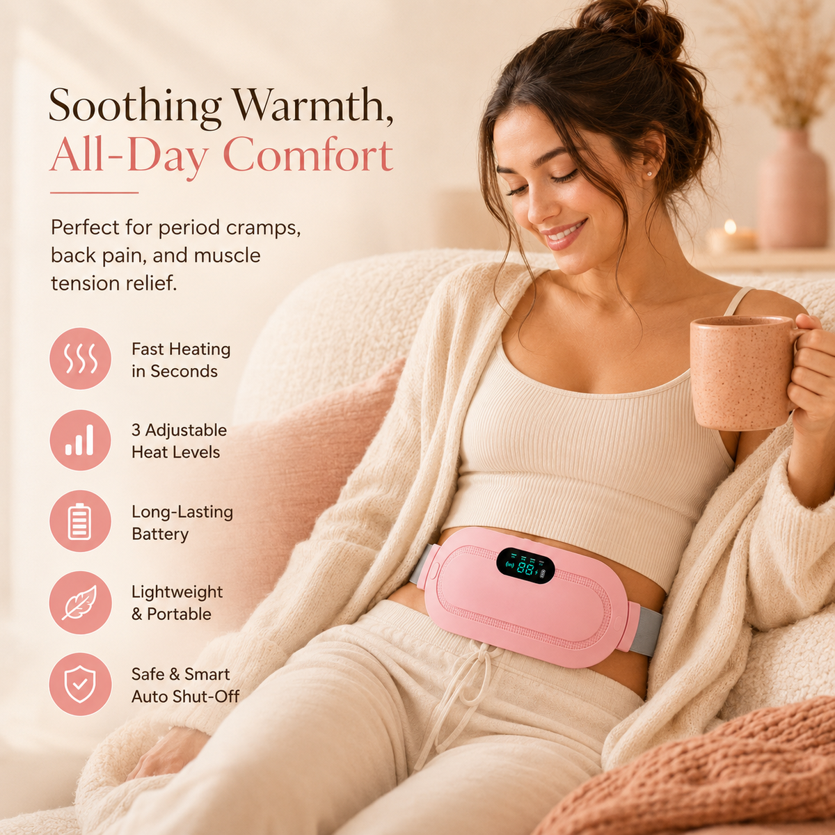 CramVera™ Perioden-Wärmegürtel – Wärme & Massage zur Linderung von Menstruationskrämpfen