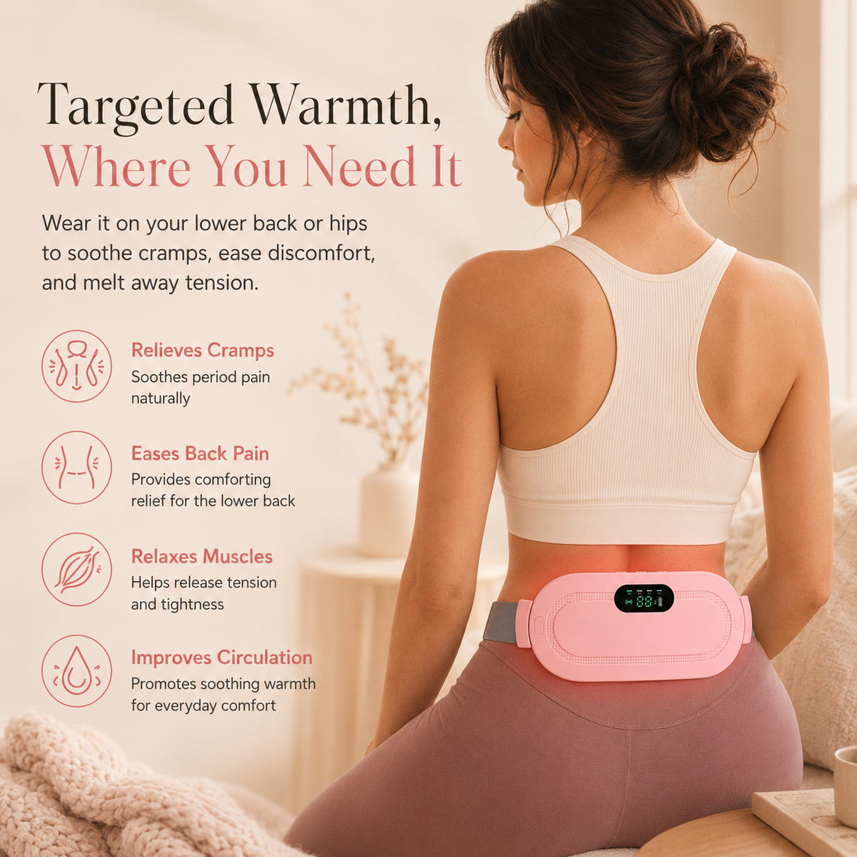 CramVera™ Perioden-Wärmegürtel – Wärme & Massage zur Linderung von Menstruationskrämpfen