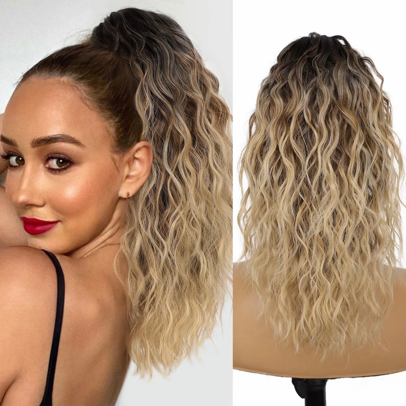 50 % RABATT 💜18 Zoll lockige, gewellte Frizz-Haarverlängerung mit Pferdeschwanz