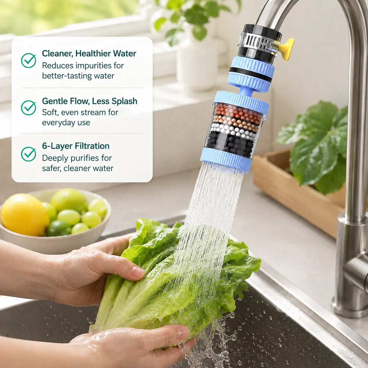 PureFlowra™ 6-Lagen Wasserhahnfilter – Leitungswasser filtern, Spritzwasser reduzieren & 360° flexibel spülen