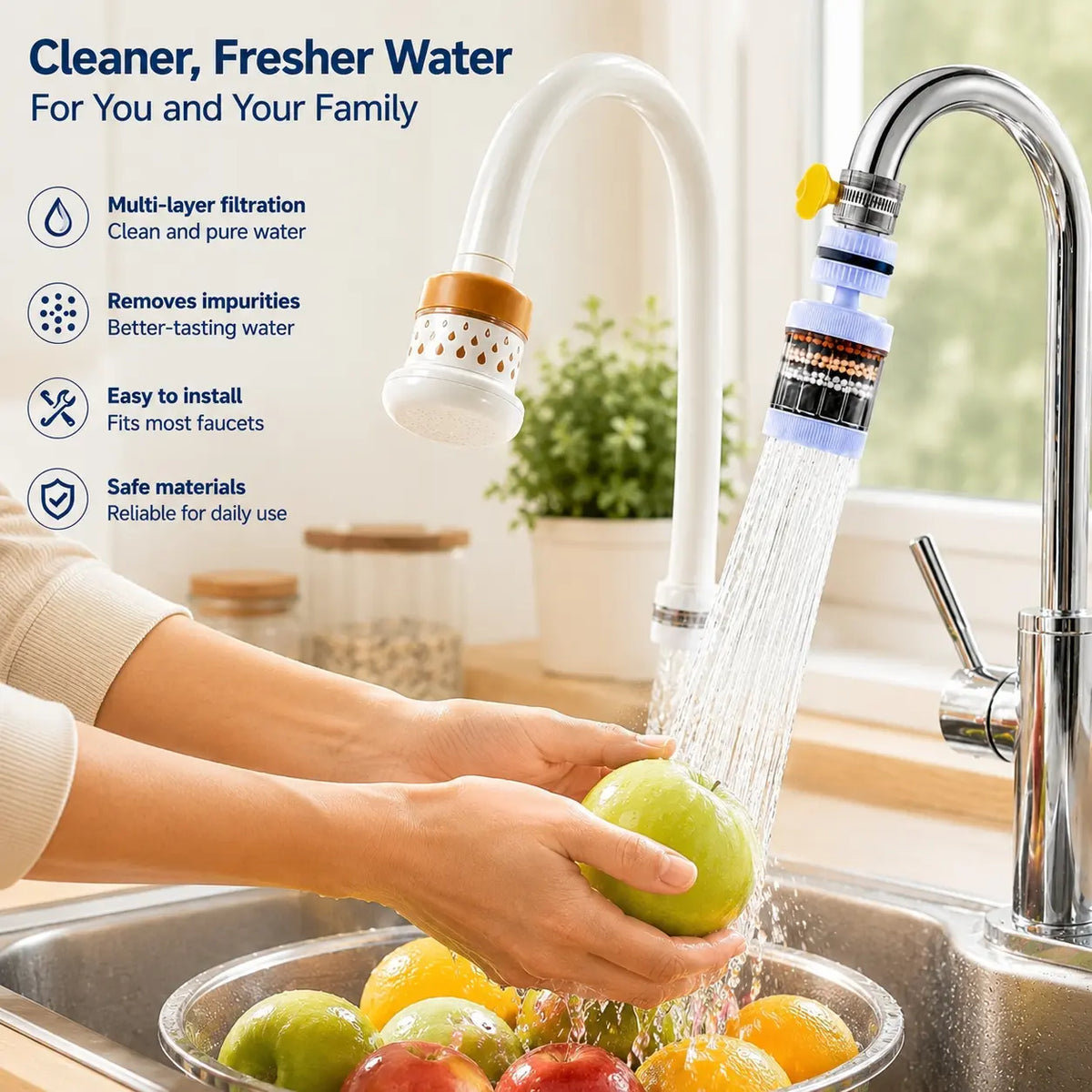 PureFlowra™ 6-Lagen Wasserhahnfilter – Leitungswasser filtern, Spritzwasser reduzieren & 360° flexibel spülen