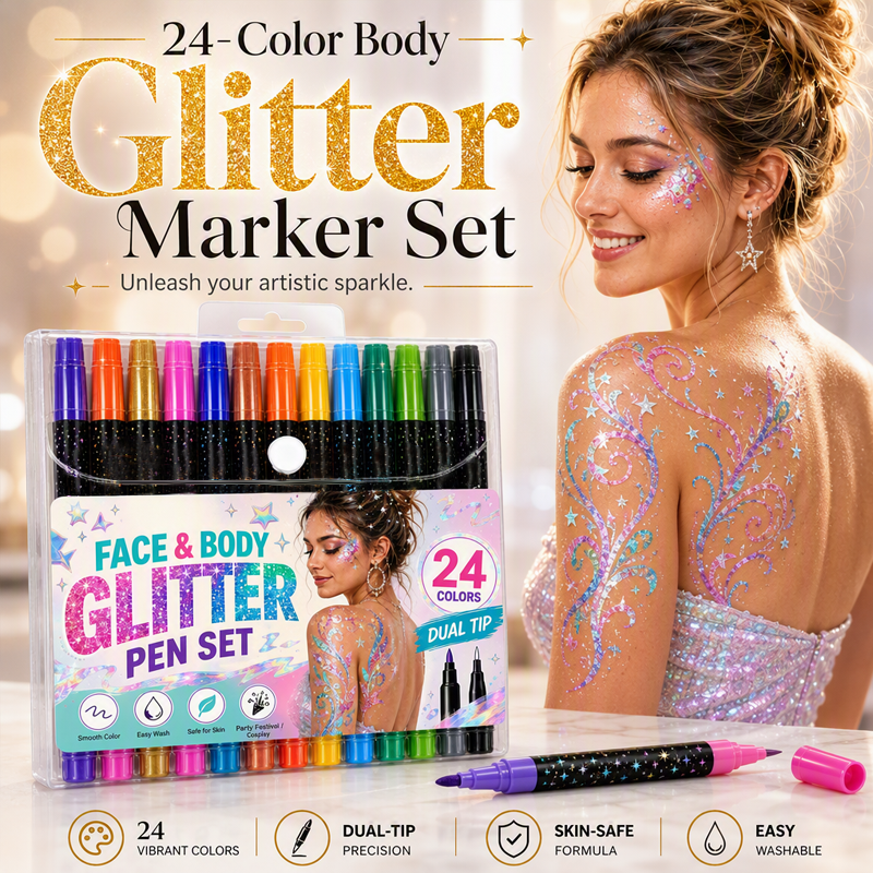 Glitzora™ 24-Farben Glitzer-Marker Set – Doppelseitige Face & Body Marker für funkelnde Designs