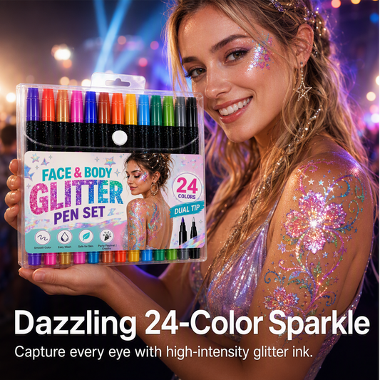 Glitzora™ 24-Farben Glitzer-Marker Set – Doppelseitige Face & Body Marker für funkelnde Designs