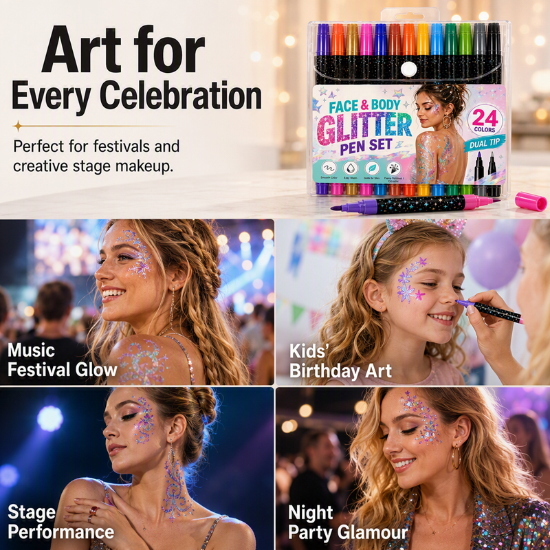 Glitzora™ 24-Farben Glitzer-Marker Set – Doppelseitige Face & Body Marker für funkelnde Designs