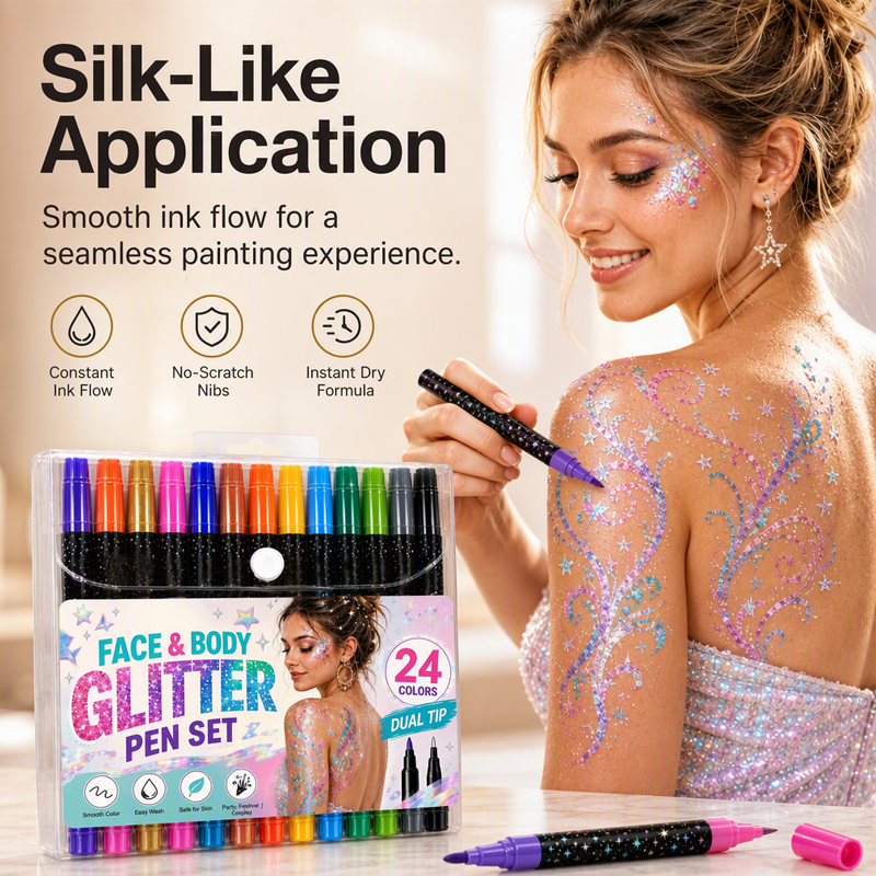 Glitzora™ 24-Farben Glitzer-Marker Set – Doppelseitige Face & Body Marker für funkelnde Designs