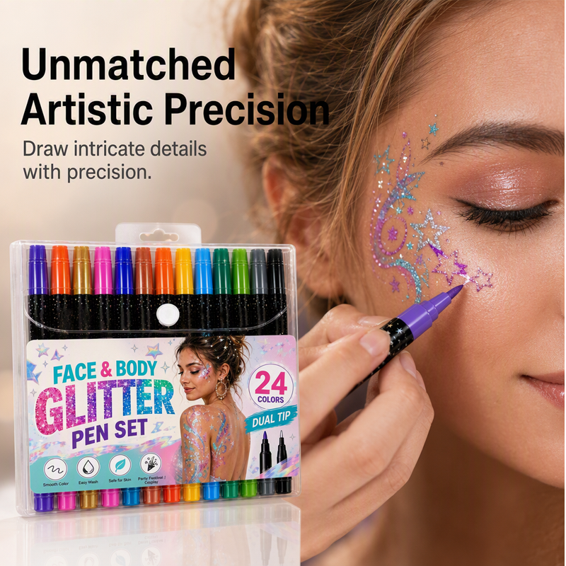 Glitzora™ 24-Farben Glitzer-Marker Set – Doppelseitige Face & Body Marker für funkelnde Designs
