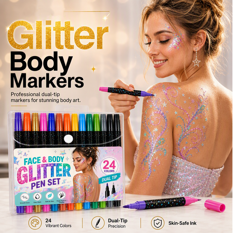 Glitzora™ 24-Farben Glitzer-Marker Set – Doppelseitige Face & Body Marker für funkelnde Designs