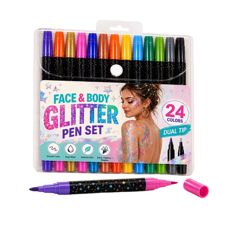 Glitzora™ 24-Farben Glitzer-Marker Set – Doppelseitige Face & Body Marker für funkelnde Designs